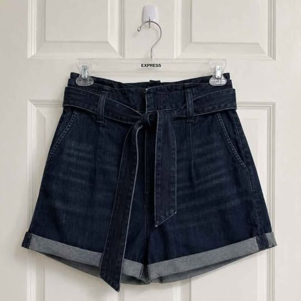 Express Super High Rise Paperbag Belted Denim Shorts Size 2 Dark Wash